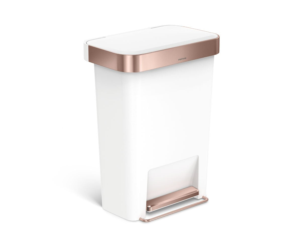 45 litre rectangular pedal bin with liner pocket 45L white rose gold