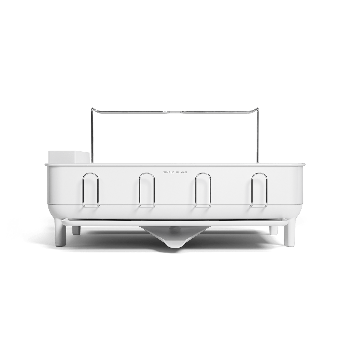 Front view of Simplehuman White Steel Frame Dishrack with polished handle and integrated cup holders.