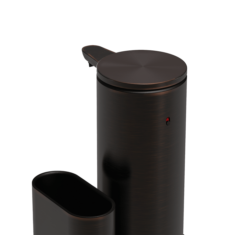 Detail view: Simplehuman Brushed Bronze 14 oz Sensor Pump, showing touch-free sensor light and removable caddy.