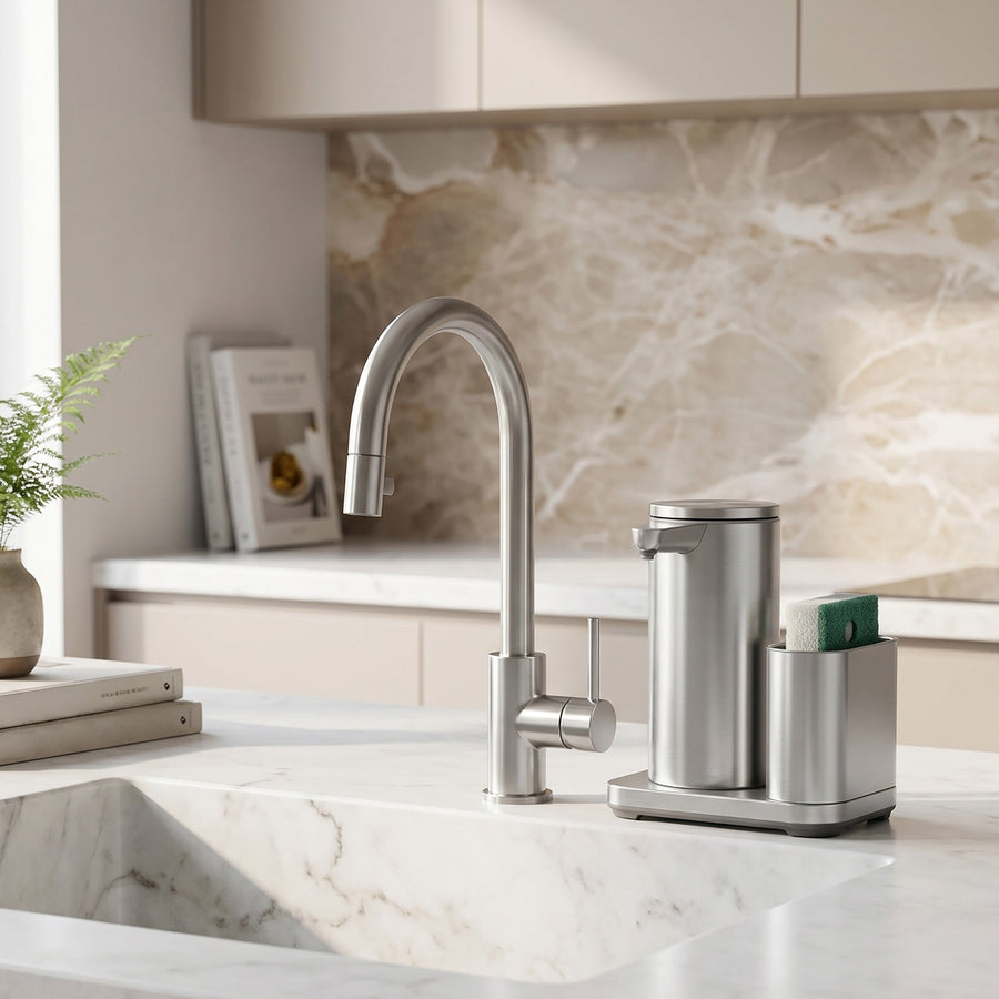 Simplehuman's 9 oz. Liquid Sensor Pump with Caddy in Brushed in a modern kitchen setting featuring the Simplehuman Soapwell Sponge in the caddy section.