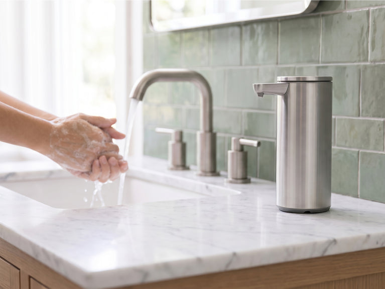 Simplehuman's Liquid Sensor Pump next to a sink.