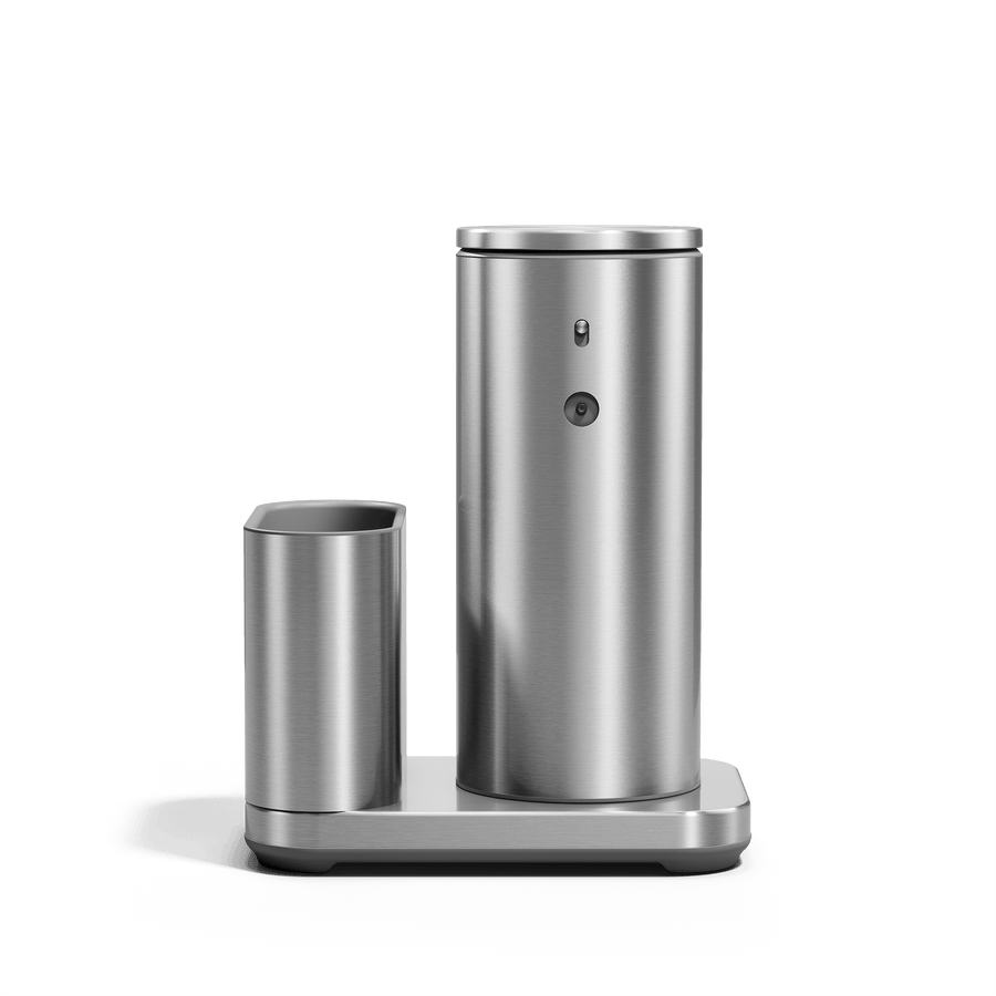 Front view of Simplehuman 9 oz Sensor Pump with Caddy in Brushed Stainless Steel, touch-free dispensing.