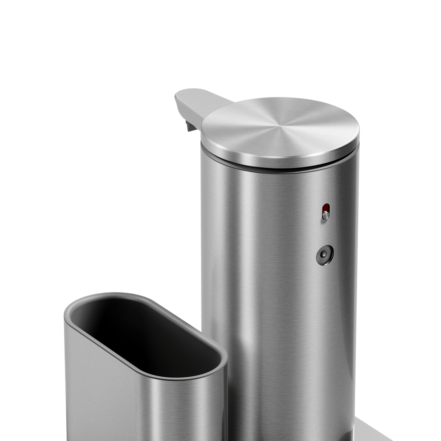 Detail view of Simplehuman Brushed Stainless Steel 9 oz Sensor Pump, highlighting the sensor mechanism and caddy storage.