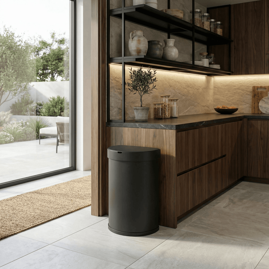 Simplehuman's 45L Semi-Round Sensor Can in Matte Black in a modern kitchen setting with an outdoor patio area and wooden cabinets. 
