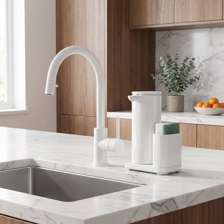 Simplehuman's 14 oz. Liquid Sensor Pump with Caddy in White in a modern kitchens setting with marble countertops, wooden cabinets, small plants and produce on the countertop.