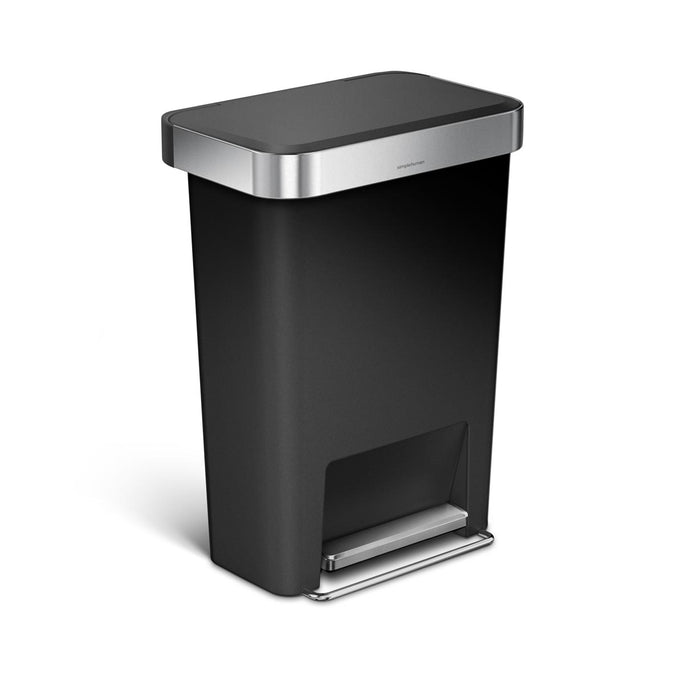 45L plastic rectangular pedal bin with liner pocket - black - main image
