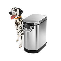 medium pet food bin - brushed finish - 3/4 view with dog
