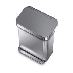 55L rectangular pedal bin with liner pocket - brushed finish with plastic lid - 3/4 top view down image