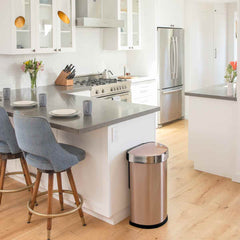 45L semi-round sensor bin - rose gold finish - lifestyle end of kitchen counter