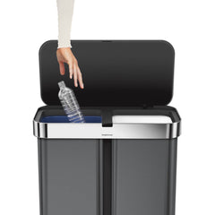 58L dual compartment rectangular sensor bin with voice and motion control - black finish - hand throwing bottle away image